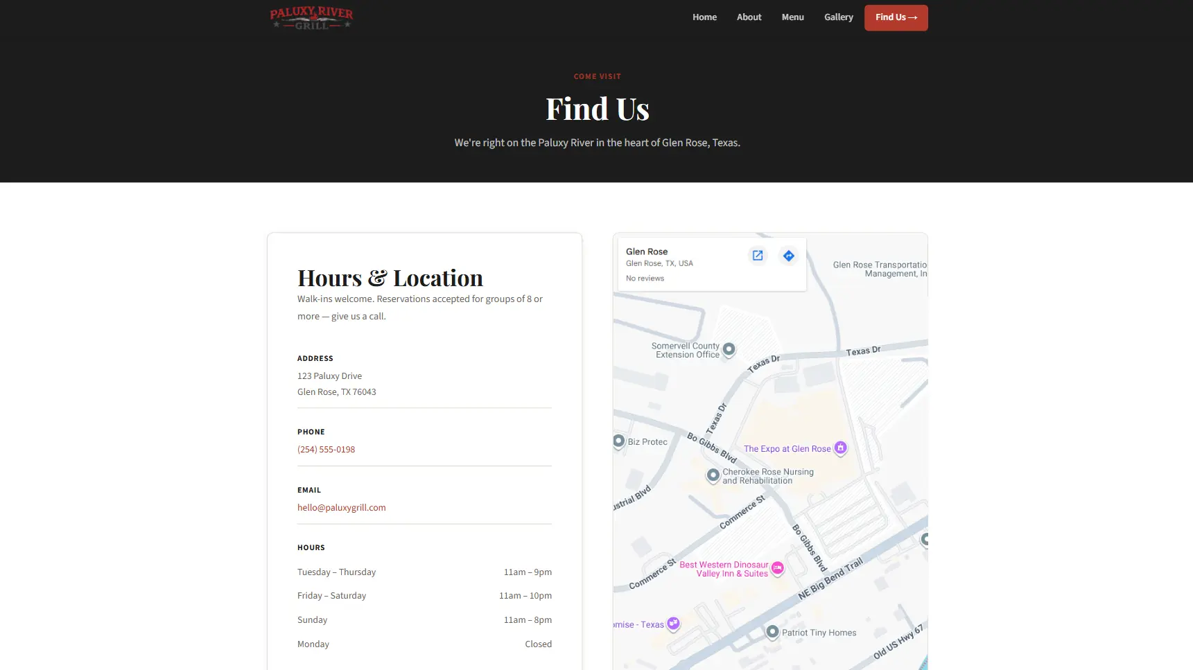 Contact page demo — Paluxy River Grill