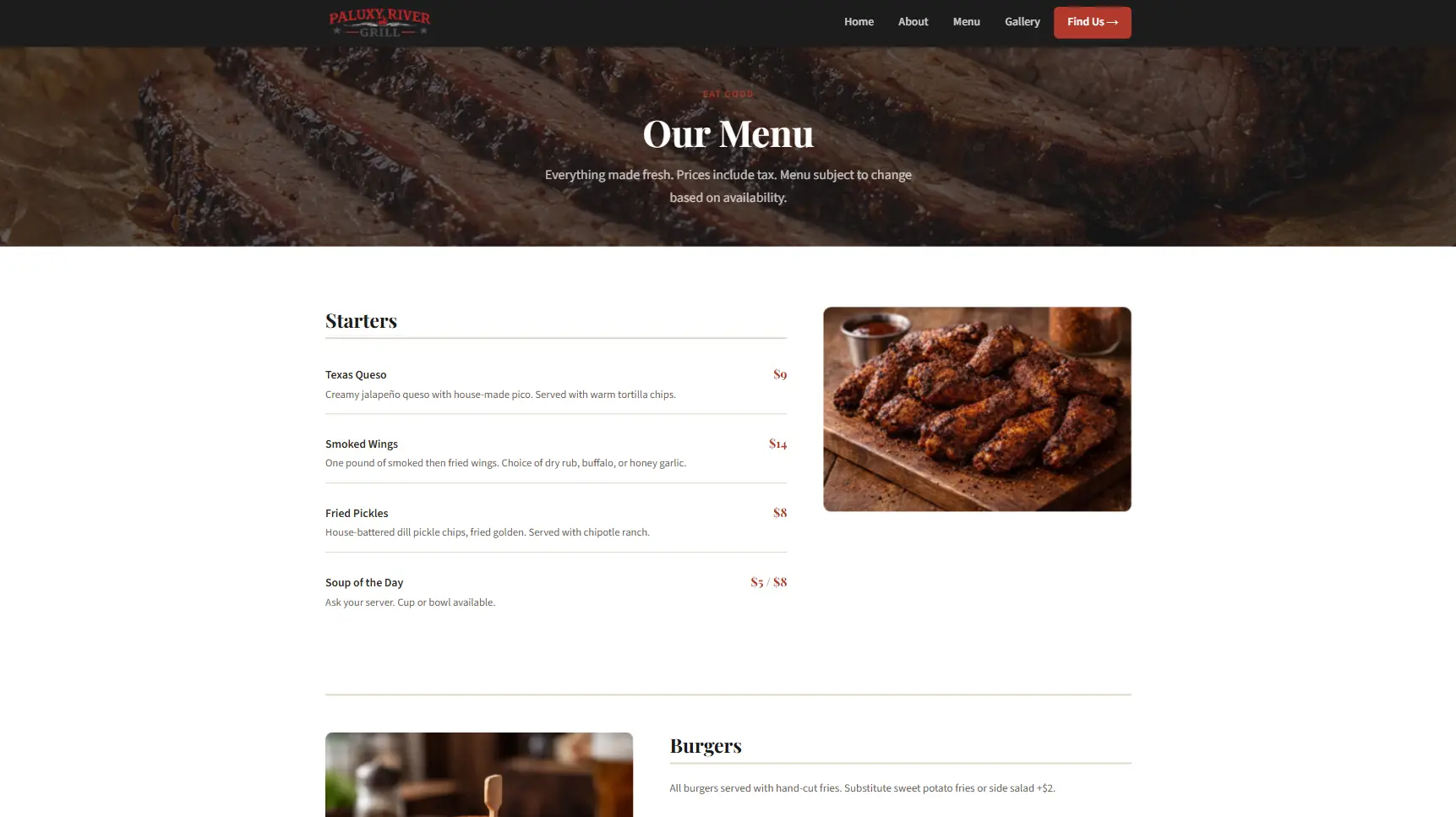 Menu page demo — Paluxy River Grill
