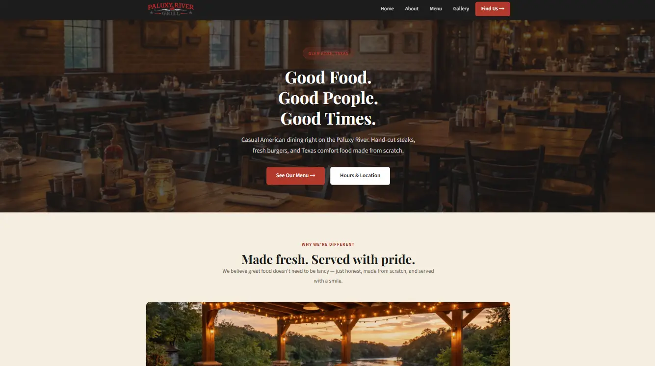 Paluxy River Grill website screenshot