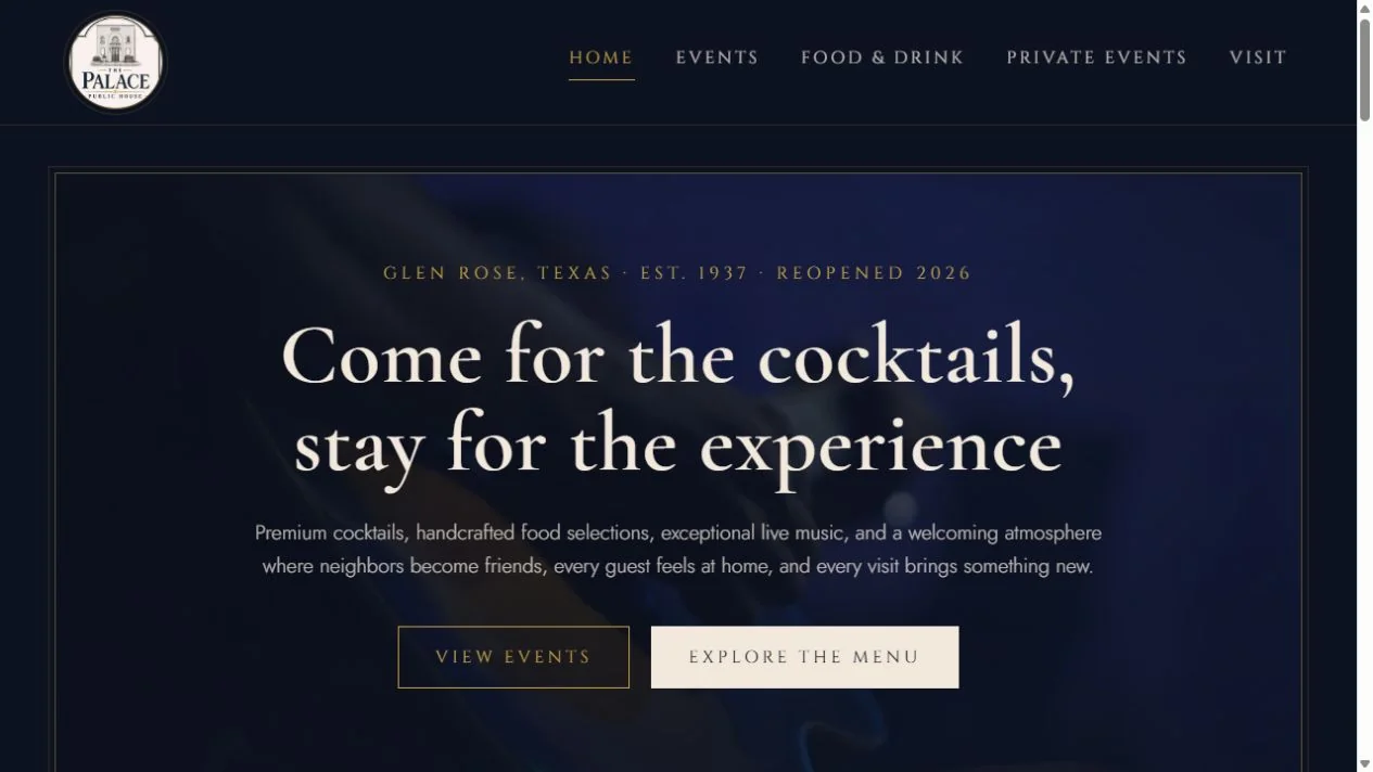 The Palace Public House website, featuring its navy and cream design and links to events and the menu